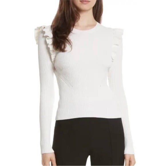 Cinq A Sept- Ivory Ribbed Long Ruffle Sleeve Stretch Shirt - Picture 1 of 4